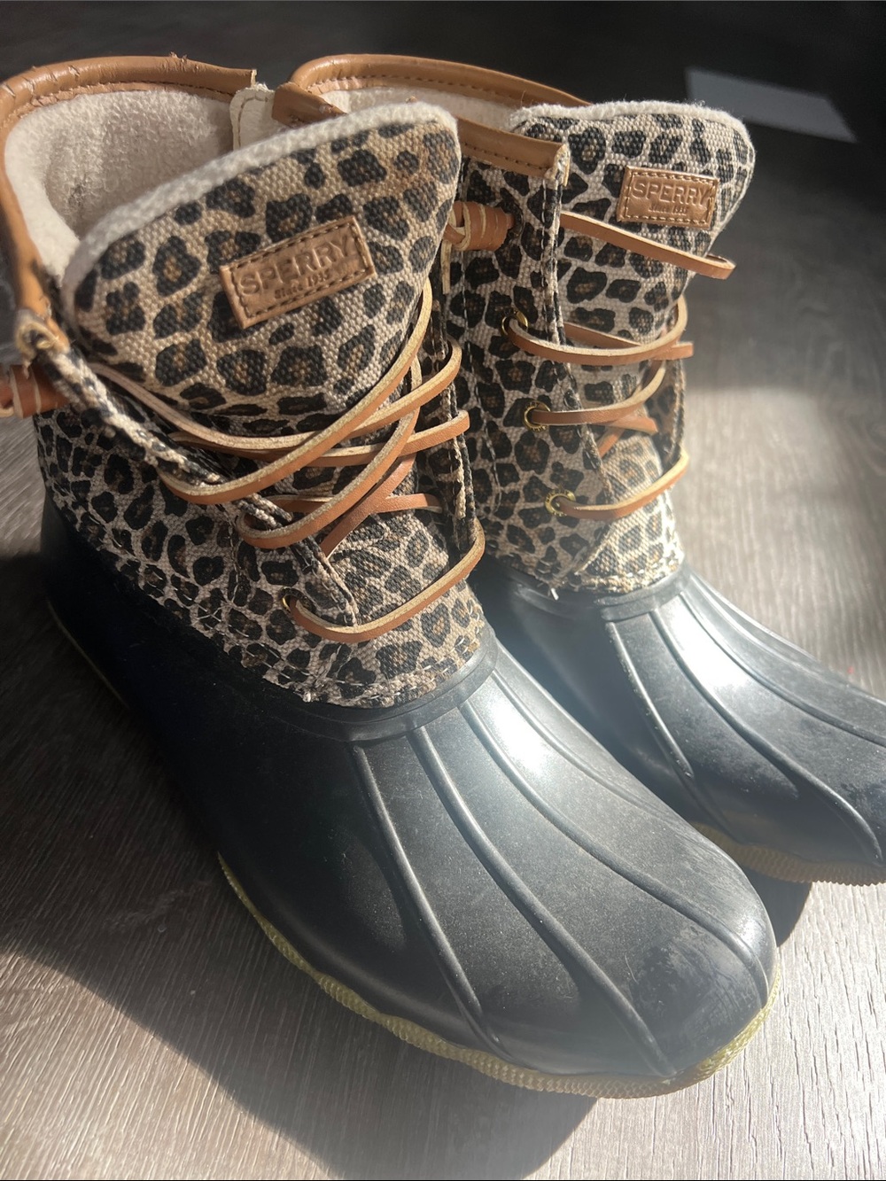 Sperry Black Rubber Duck Boots with Leopard-Print Upper